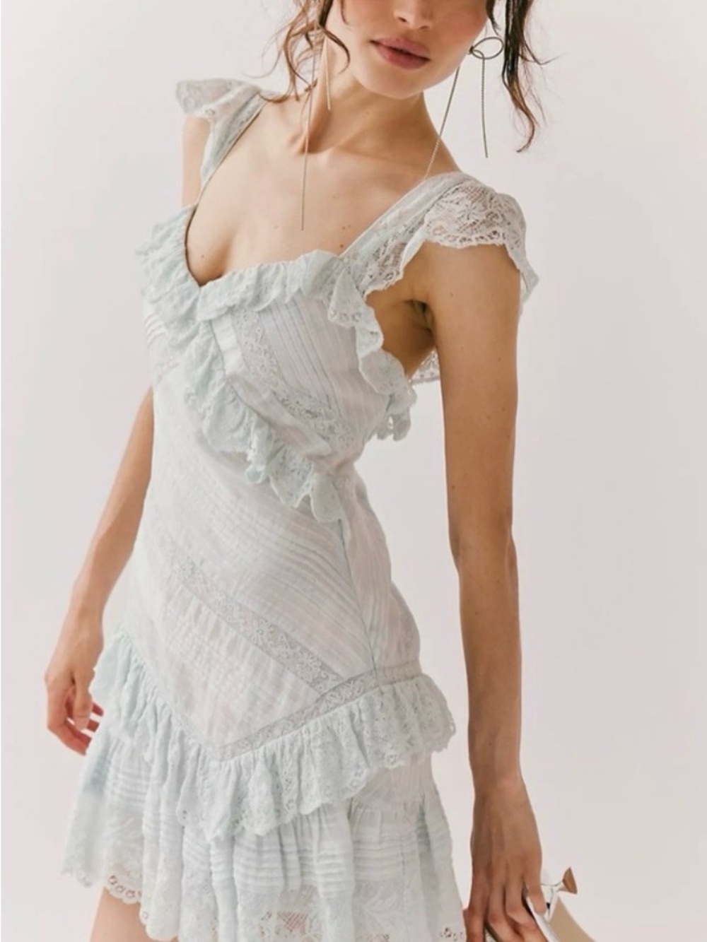 LoveShackFancy Pale Blue Ruffle Lace Mini Dress